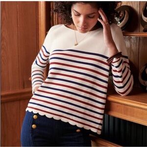 Sézane Navy and Burgundy Striped Corentine Jumper with Scallop Hem